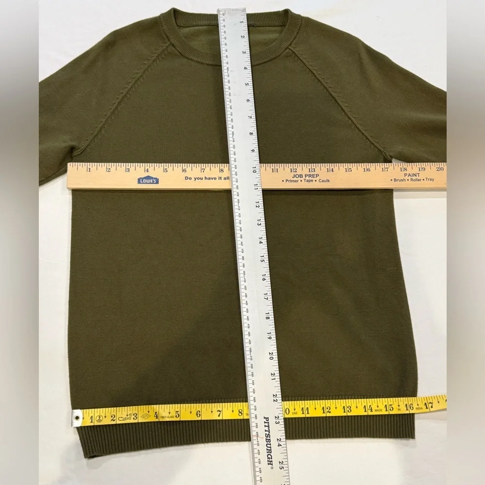 Sweater Olive Green Lightweight Knit Striped Cuff Crewneck Casual Cozy Pullover - Picture 5 of 8
